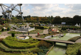 Wide view of Mini-Europe’s gardens and monuments