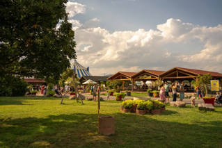 Caminhos, jardins e atrações de Cigoland entre árvores adultas.