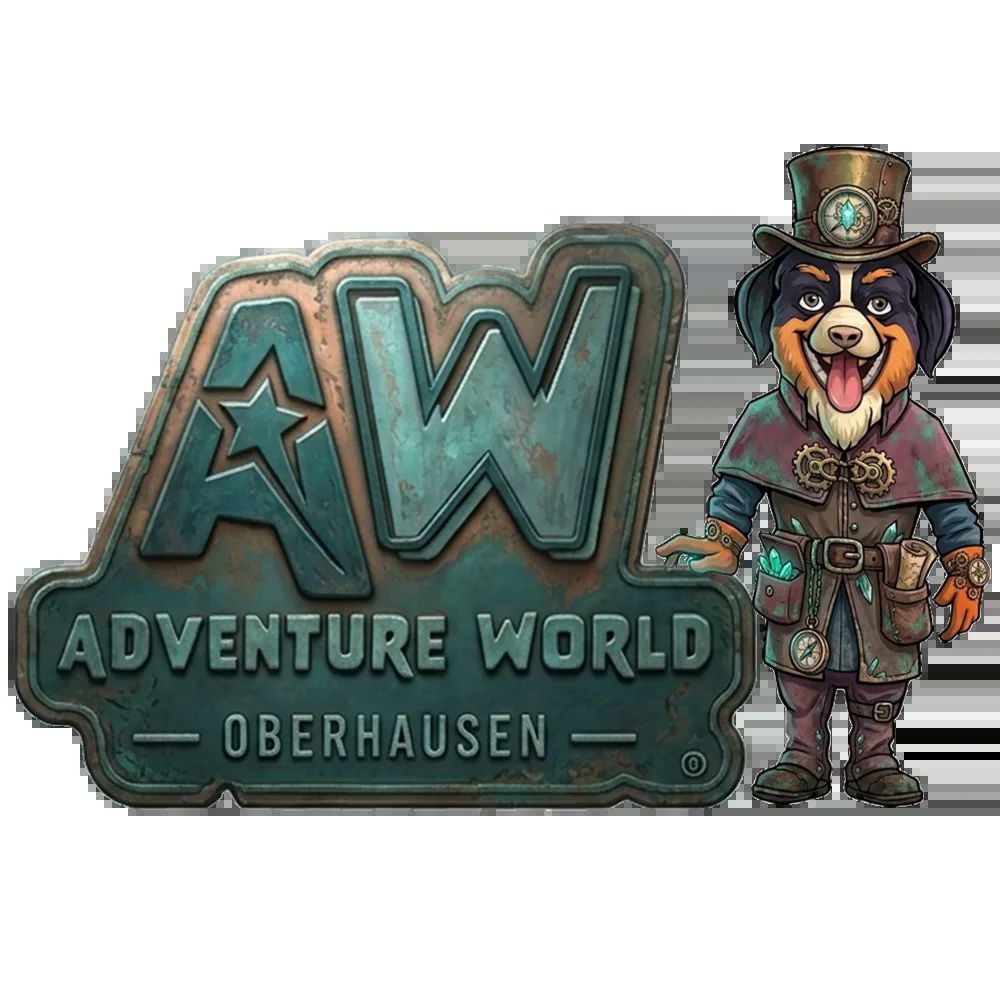 Logotipo de Adventure World Oberhausen con el monograma AW y la mascota Arthur.