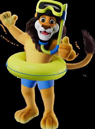 Mascote King Lion com boia, óculos, tubo e roupa de banho