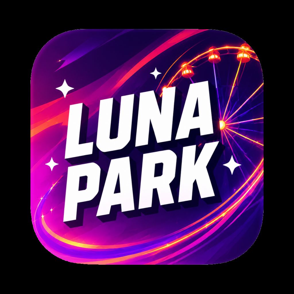 Logótipo quadrado roxo e rosa de Luna Park com roda-gigante iluminada