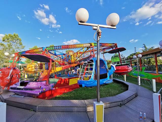 View of several colourful rides at Beogradski Luna Park in Belgrade.