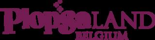 Horizontal Plopsaland Belgium logo in yellow and blue lettering.