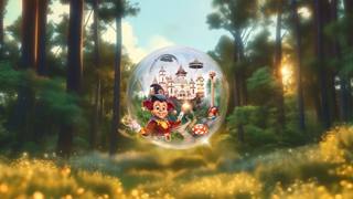 Jokie pokazuje w zaczarowanej kuli kilka najbardziej rozpoznawalnych sylwetek Efteling pośród lasu.