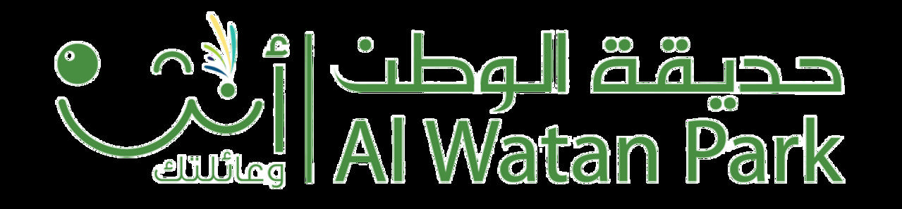 Offizielles rot-blaues zweisprachiges Logo des Al Watan Parks mit seinem Emblem aus Boot und Wahrzeichen.