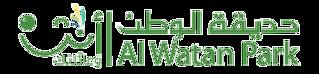 Offizielles rot-blaues zweisprachiges Logo des Al Watan Parks mit seinem Emblem aus Boot und Wahrzeichen.
