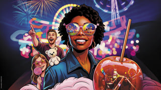 Ilustração colorida de visitantes, roda-gigante, fogo de artifício e maçã caramelizada no Luna Park