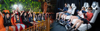 Guests enjoying a colourful ride among Adventureland’s jungle scenery.