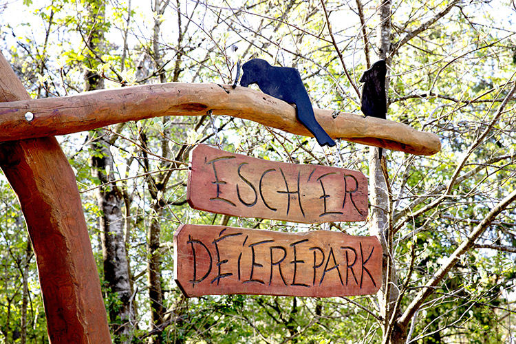 A wooden Escher Déierepark sign marks the park entrance among the trees.