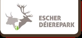 Official Escher Déierepark logo with grey deer silhouettes and a small tuft of green grass.