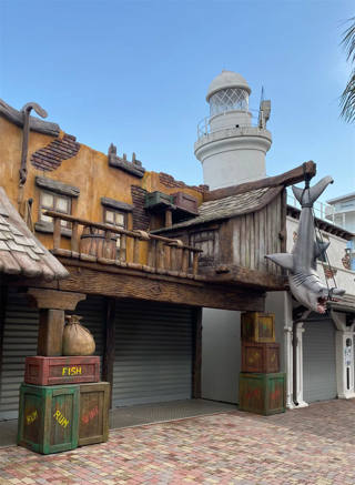 The pirate scenery, shark and lighthouse at Astoria Village